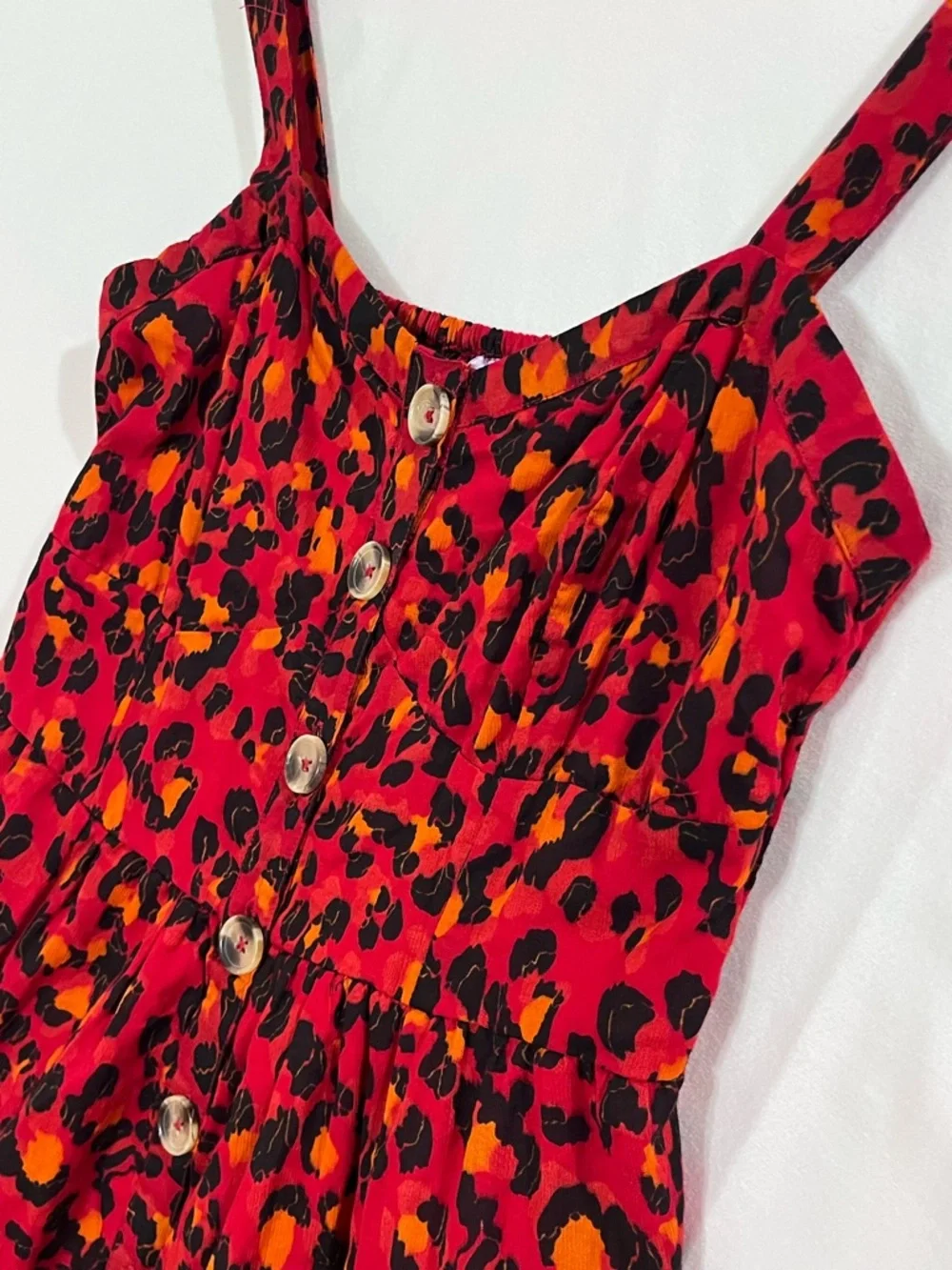 Alya Red Leopard Print Midi Dress Size Small Button Front Smocked Boho Summer - Picture 5 of 13